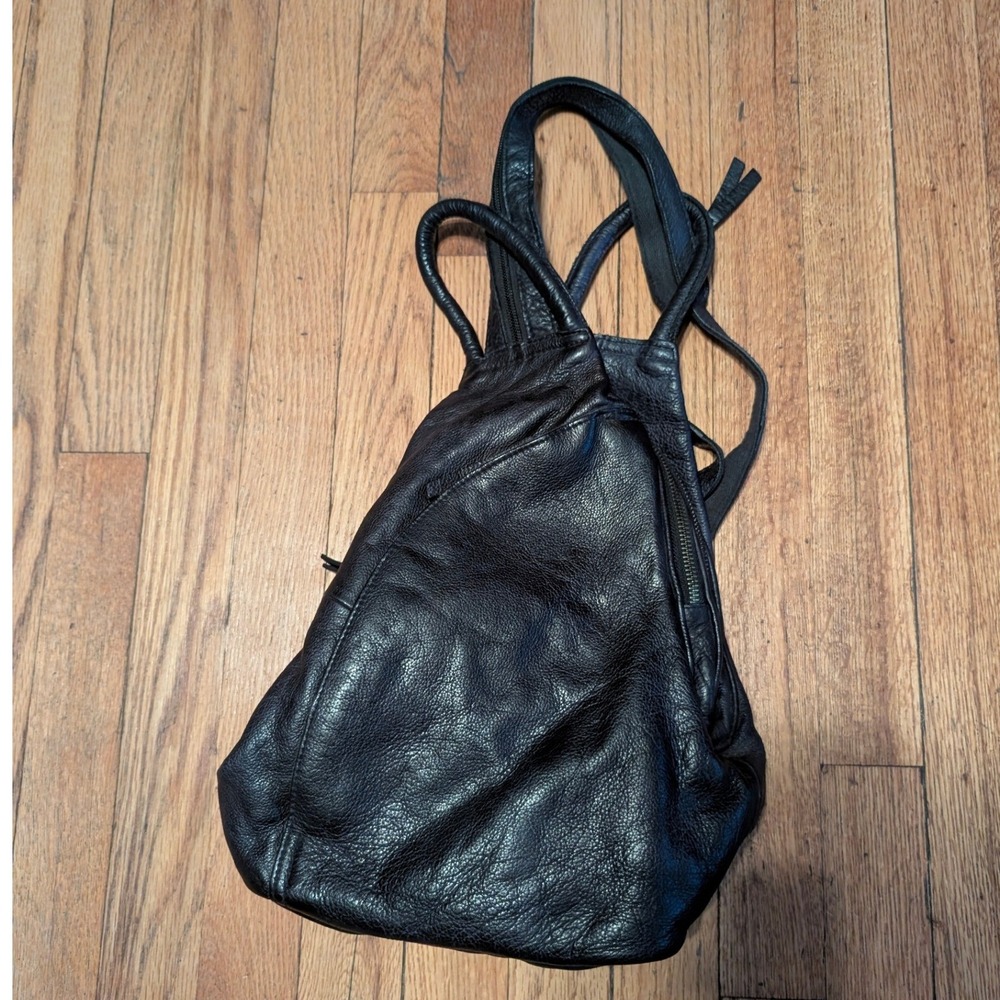 Free People We The Free Black Pebbled Leather Sling Backpack Triangle Bag